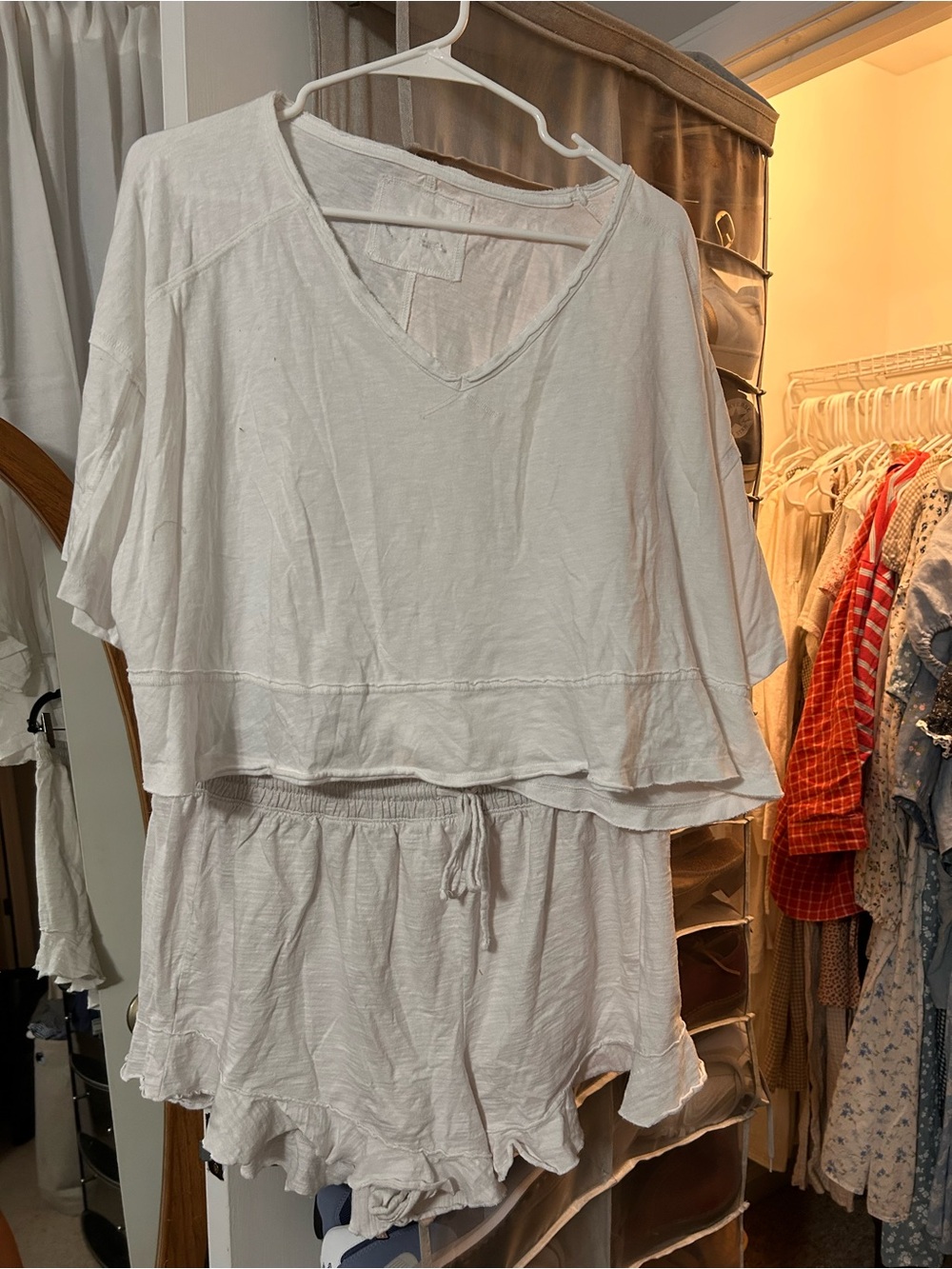Aerie White Cotton Ruffle Lounge Set